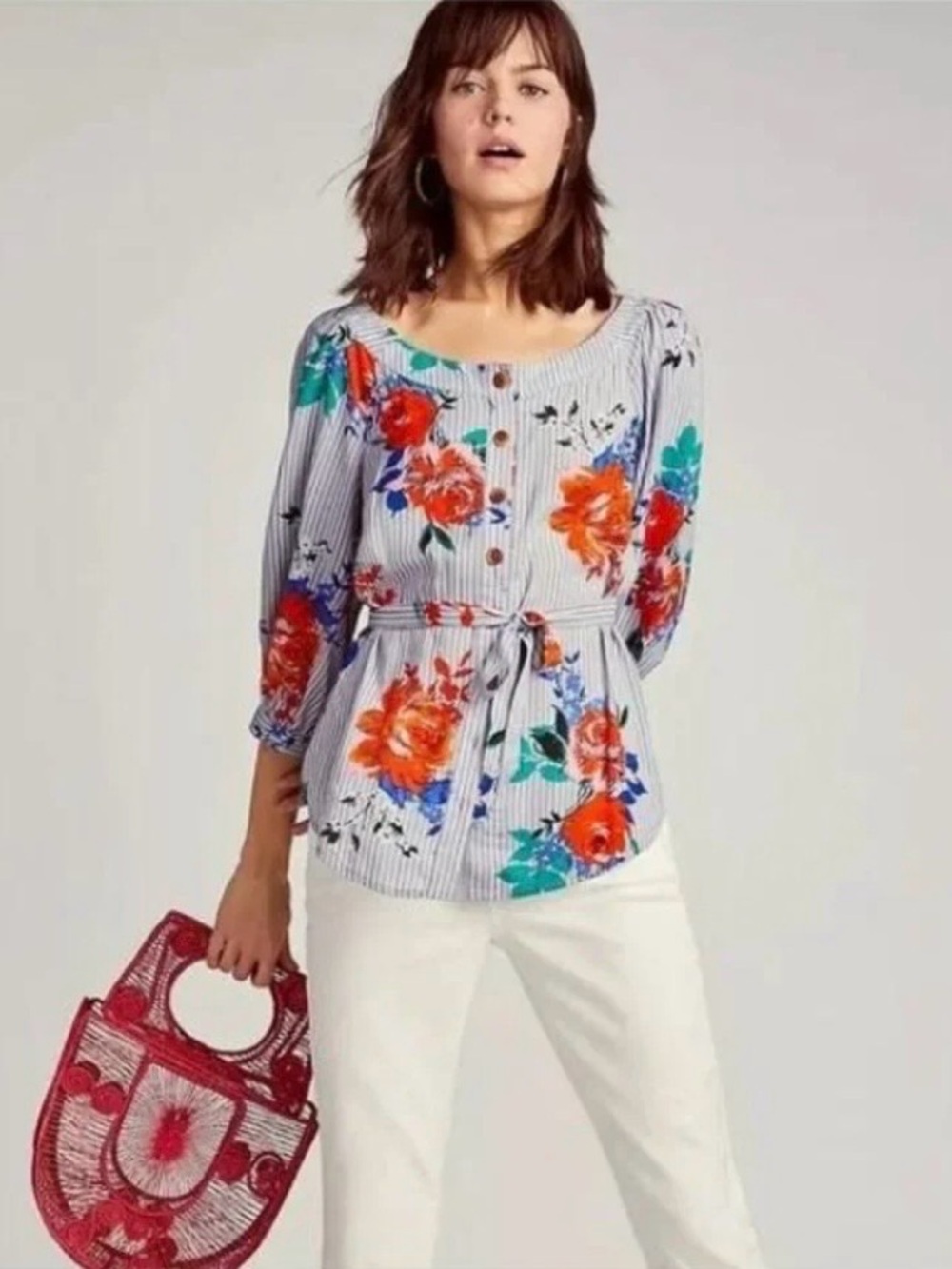#749 Anthropologie Maeve Lilorne  Blue Stripe Floral Tie-Waist Blouse